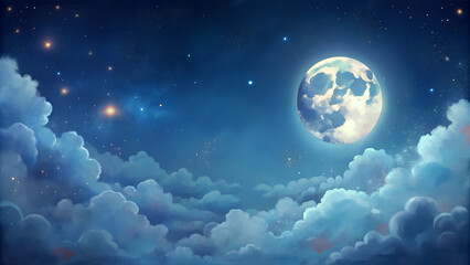 Obraz premium Serene full moon with softly painted clouds and twinkling stars, set against a magical night sky celebrating the Mid-Autumn Festival
