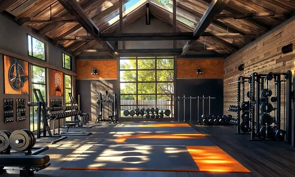 A modern gym interior with weights, mats, and large windows for natural light.