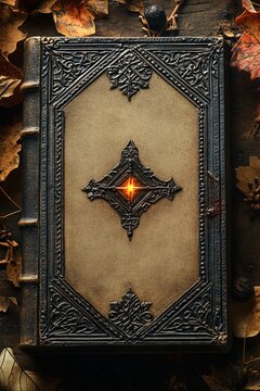 Ancient mysteries unveiled the enigmatic leather-bound tome with a glowing gem at the center captivating the curious mind