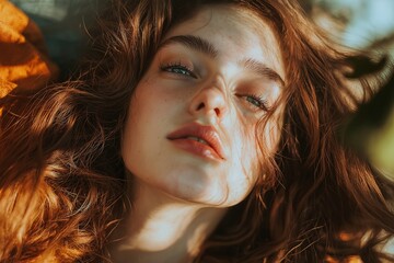 Fototapeta premium A young woman lying gracefully under sunlight, her face illuminated by warm, radiant glow conveying serenity and beauty.