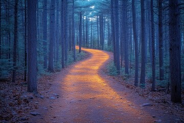 Fototapeta premium A winding path through a serene forest, illuminated by soft light.