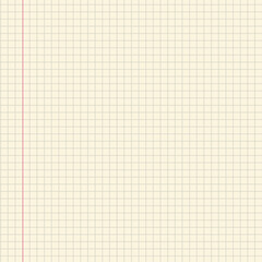 Blank squared notebook paper with a red margin line and light beige background for notes and sketches. Geometric pattern for school, wallpaper, textures, notebook. Lined blank 