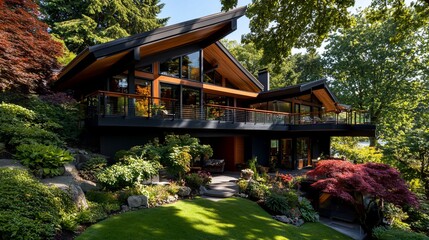 A modern home with a large deck and a lush, green lawn.