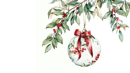 Watercolor Christmas ornament with a red bow and mistletoe hanging on a tree branch