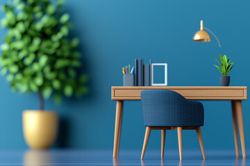 Miniature home office, blueprint detailing, 3D illustration