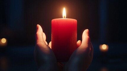 A glowing red candle held gently in hands, symbolizing warmth, tranquility, and peaceful contemplation in a dimly lit setting.