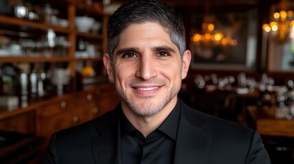Fototapeta premium Smiling Middle Aged Man in Elegant Restaurant Setting