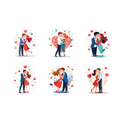 Couple Kissing Under Heart Shaped Confetti Falling Vector Bundle - Generative AI & Line Art Design