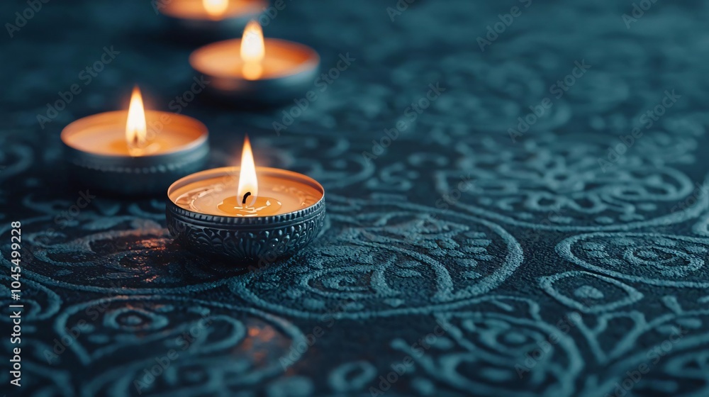 Poster a serene arrangement of lit candles on an intricate patterned surface, creating a calming and warm a