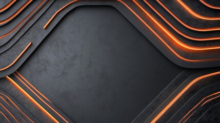 A dark abstract background featuring layered lines with glowing orange accents, creating a modern, dynamic visual effect.