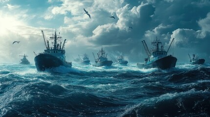 Ocean fishing industry fleet out at sea, focused on maintaining balanced ecosystems.