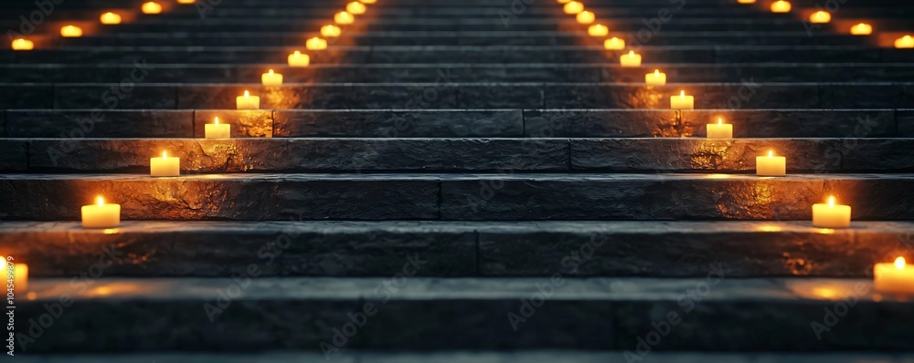Poster a serene pathway lined with glowing candles on stone steps, creating a tranquil and inviting atmosph