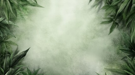 A misty background framed by green foliage creates a serene, natural atmosphere.