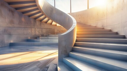 Obraz premium A spiral staircase illuminated by natural light, with a modern museum exterior in the background.