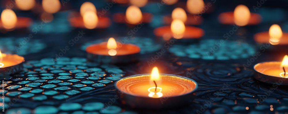 Poster a serene scene featuring warm candlelight illuminating a calm surface, creating a peaceful and invit