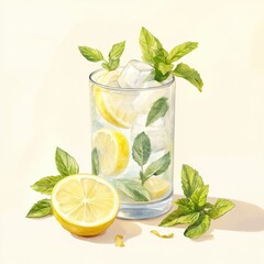 Watercolor illustration of refreshing lemonade with mint and ice, bright and vibrant, perfect for summer-themed designs and fresh beverage promotions.