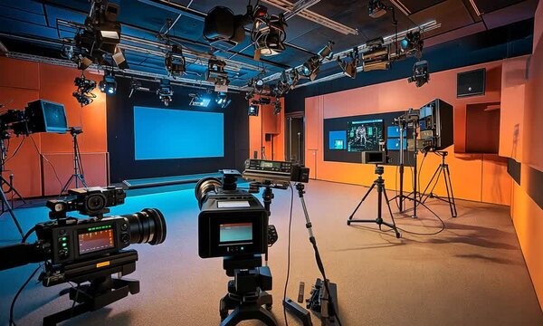 A modern studio setup with cameras and lighting for video production.