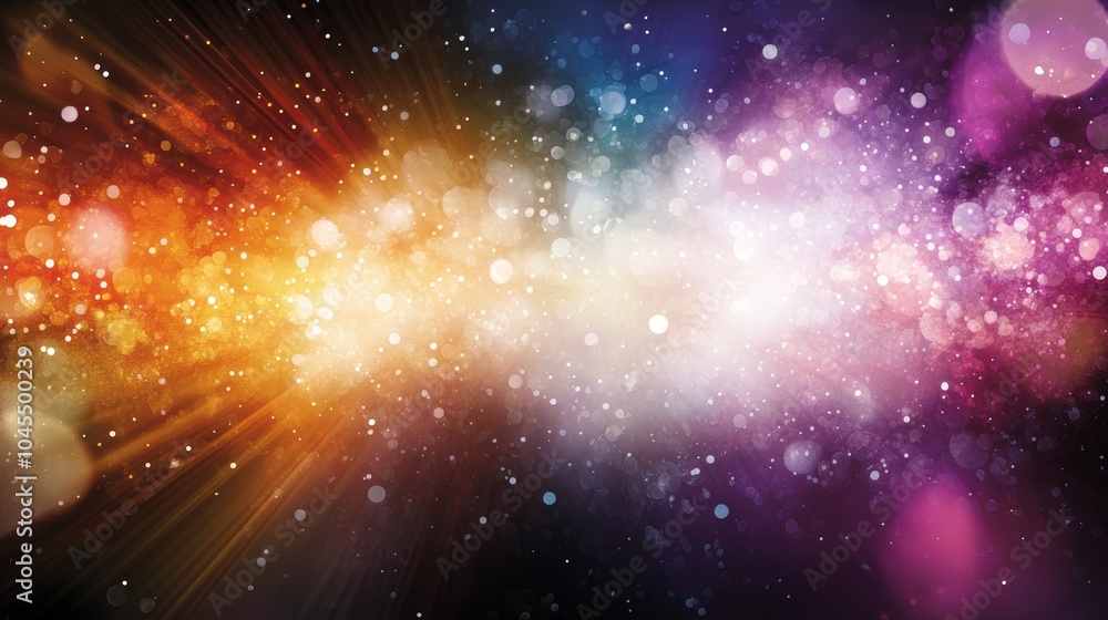 Poster a vibrant cosmic background filled with particles of light in various colors, creating an ethereal a