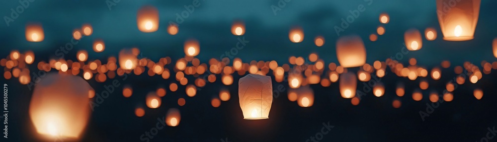 Poster a stunning display of illuminated lanterns floating in the night sky, creating a serene and magical 