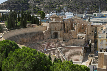 Editorial Cartagena, Spain - October 08, 2024: The remains of the open air Roman amphitheatre in Cartagena in Spain.