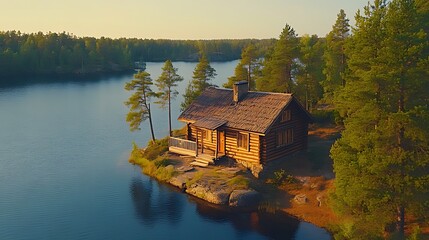 Obraz premium A wooden cabin sits on a small island in a lake surrounded by trees, with golden hour lighting creating a peaceful and serene atmosphere.
