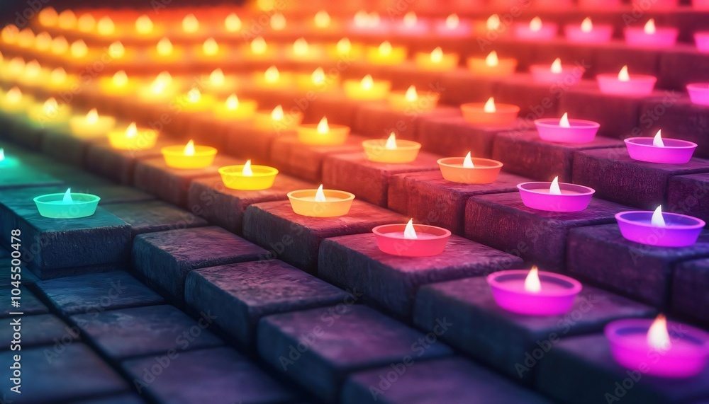 Poster a vibrant array of colorful candles lit against a dark background, creating a serene and warm atmosp