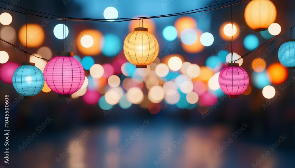 Poster A vibrant display of colorful lanterns glowing softly in the twilight, creating a festive and enchanting atmosphere.