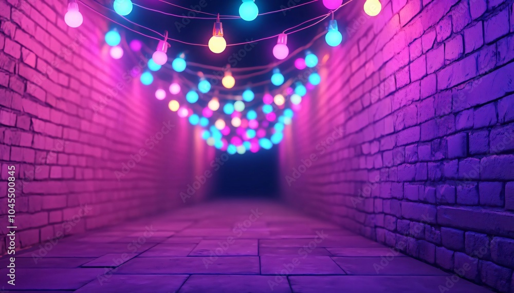 Poster a vibrant tunnel illuminated by colorful string lights, creating a whimsical and inviting atmosphere
