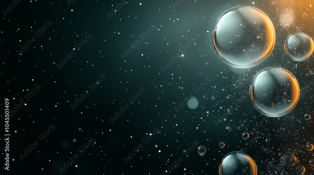 Poster The image features bubbles rising in a dark atmosphere, surrounded by shimmering particle effects, creating a serene and dynamic underwater feel.