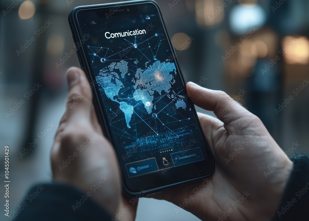 Poster close-up of hands holding an iphone displaying a digital map of the world with communication network