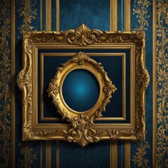 An ornate golden frame on a blue patterned wall, showcasing an empty central space.