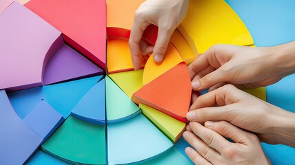 Aerial view of human hands placing segments of a multicolored Venn diagram, illustrating overlapping business ideas.