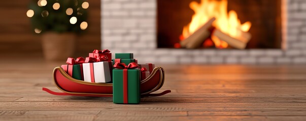 Cozy Christmas scene with presents on a sleigh by the fireplace.