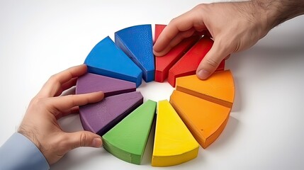 Hands arranging colorful pie charts on a white background, symbolizing business strategy and analysis.