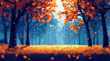 Vibrant autumn forest with orange leaves and soft sunlight filtering through trees.