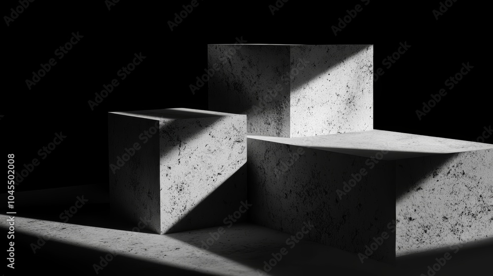 Poster abstract geometric shapes cast striking shadows, creating a dramatic interplay of light and texture 