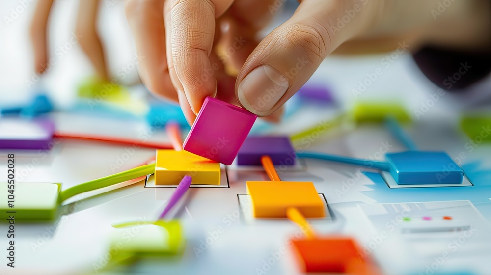 Poster hands manipulating a colorful flowchart, emphasizing the process of innovation and planning in busin