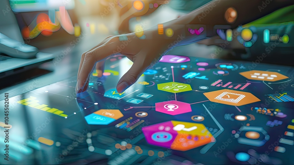 Poster hands creating a collage of colorful business icons and diagrams on a light surface, reflecting crea