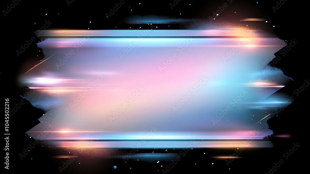 Poster a vibrant, abstract gradient design with a translucent frame, illuminated by colorful light streaks 