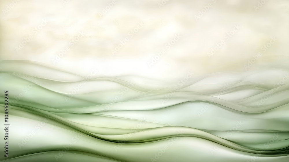 Poster a tranquil abstract depiction of soft green waves undulating under a cloudy sky, evoking calmness an