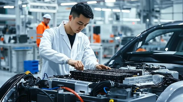 A Chinese engineer in a white lab coat fine-tunes the alignment of battery cells in an EV module, with the hum of automated machinery filling the sleek, futuristic factory