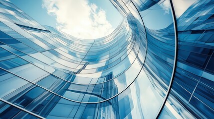 Obraz premium Curved glass building reflecting the sky.