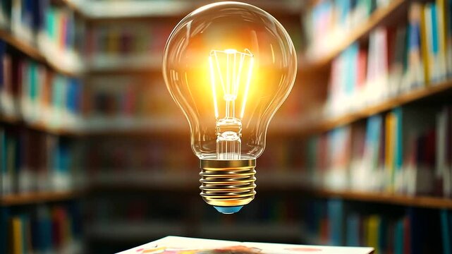 A bright, classic light bulb in the center of a ring of colorful children's books, with illustrations faintly visible in the soft glow, symbolizing the nurturing of young minds and creativity