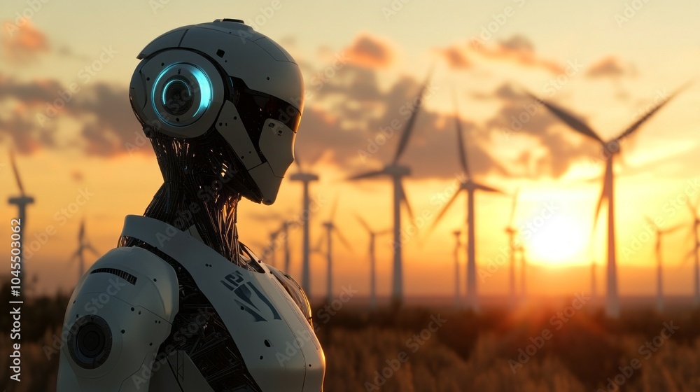 Poster a robot stands in a field of wind turbines