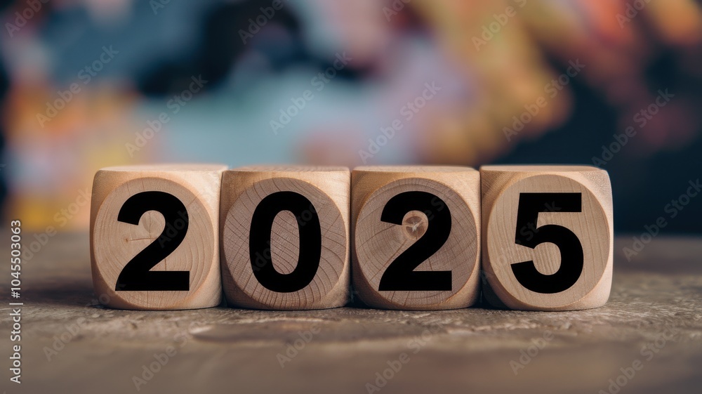 Poster a wooden block with the numbers 2025 is stacked on top of another wooden block