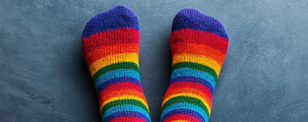 Colorful striped socks featuring vibrant rainbow patterns, perfect for adding fun to any casual outfit or cozy day indoors.