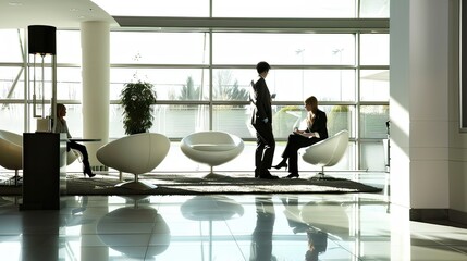 An image of professionals collaborating in a contemporary office setting, with large windows and modern decor.