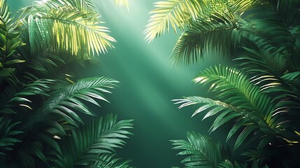 Lush tropical foliage with sunbeams shining through the leaves.
