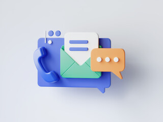 A colorful, 3D illustration of communication icons including a phone, an envelope, and text bubbles, representing messaging and connectivity.