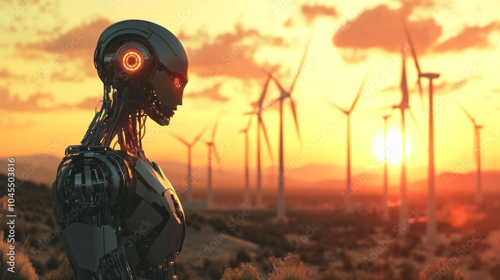 Poster a robot stands in front of a field of wind turbines